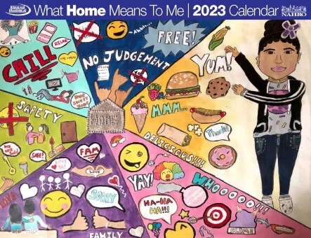 2023 What Home Means to Me Calendar Cover. The cover features a cartoon drawing of a girl pointing at various things that mean home to her.